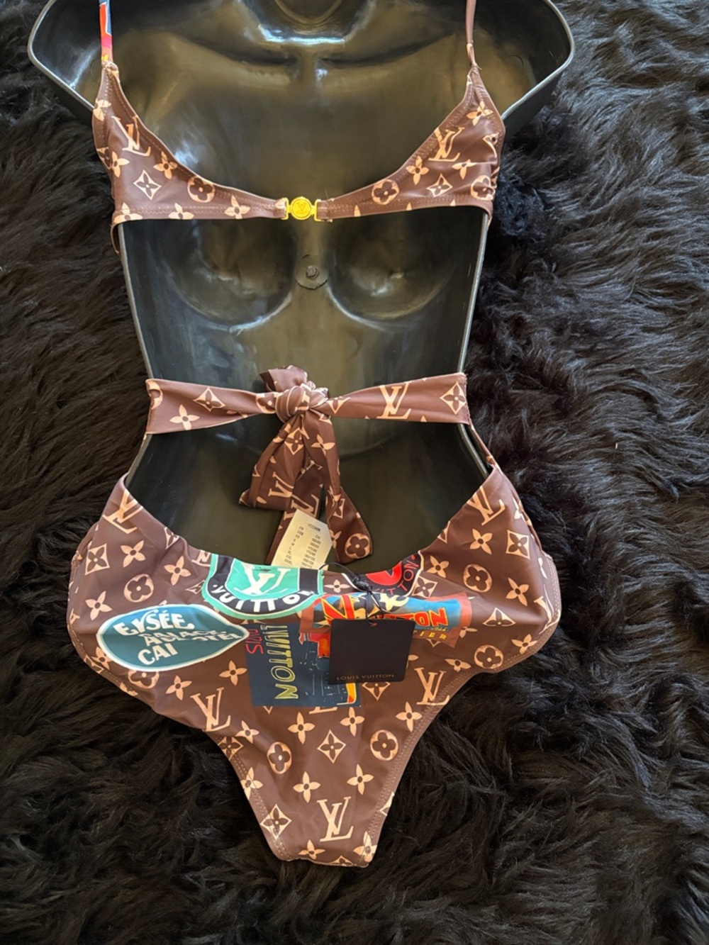 Louis Vuitton Brown Monogram One-Piece Swimsuit with Multicolor Travel Patches - Picture 5 of 11